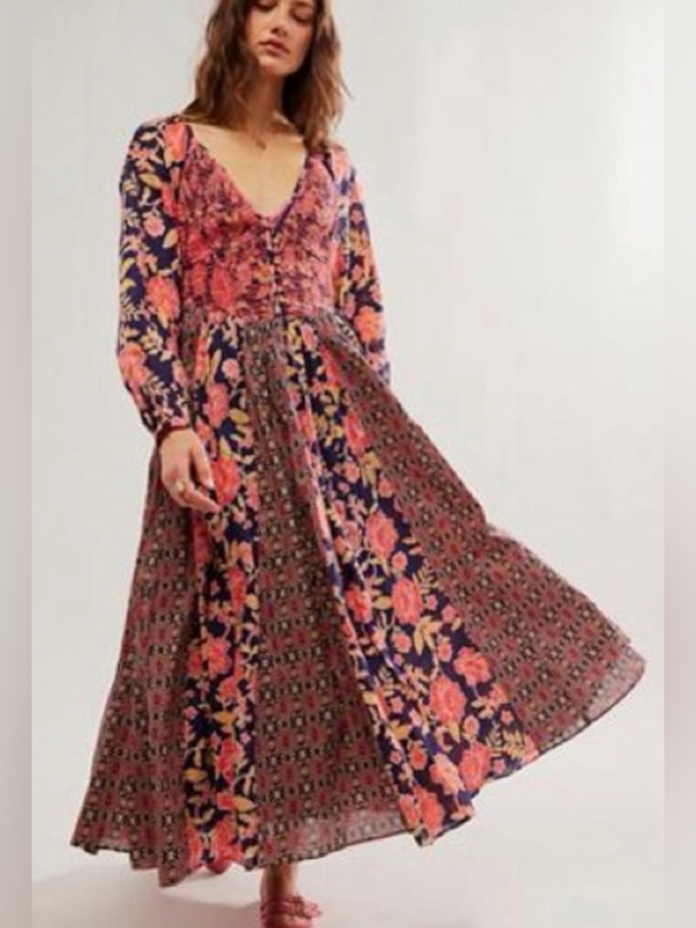 NWT FREE PEOPLE A‎ New Way Maxi Dress Navy Combo Pink S - Picture 3 of 15
